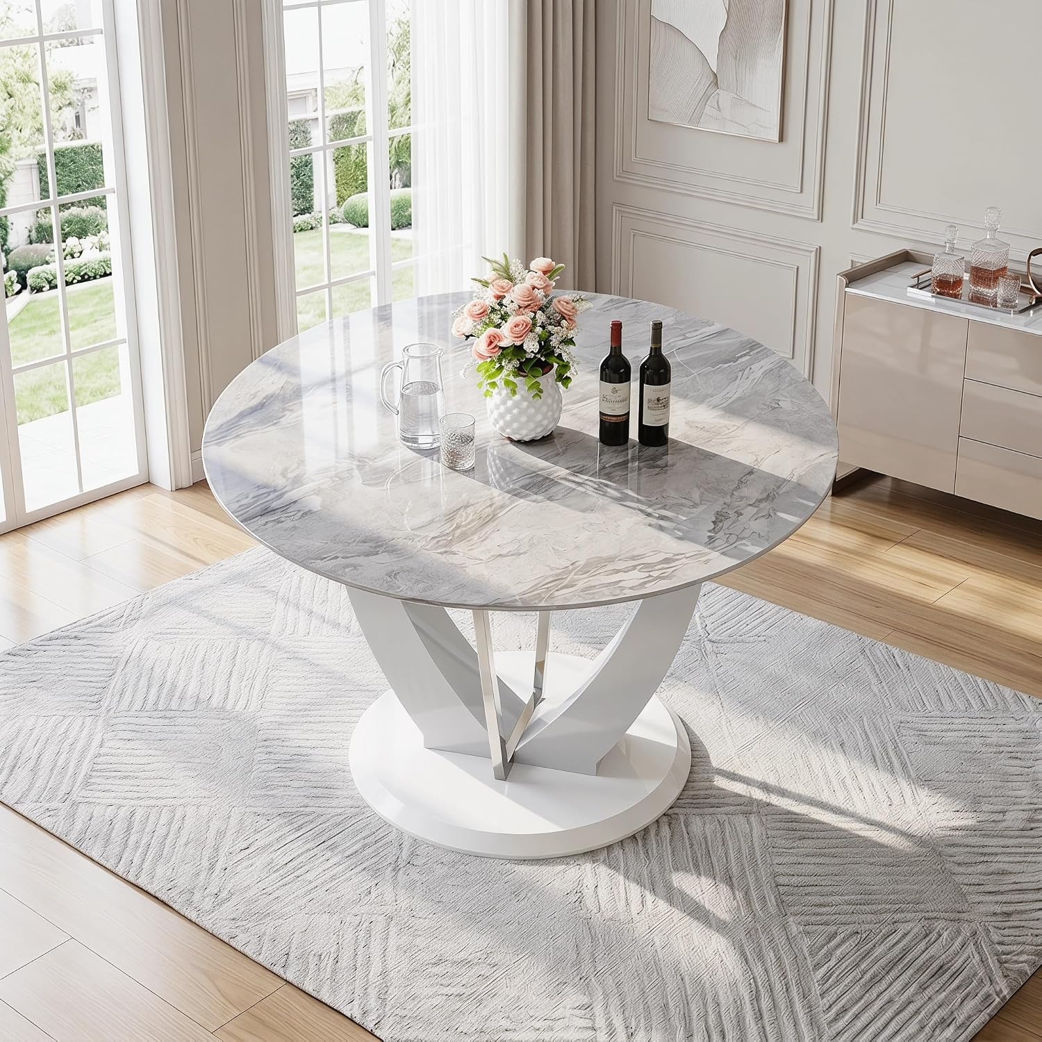 Modern 5 Piece Round Dining Table Set for 4, 47.2" Gray Faux Marble Kitchen Table with Black Upholstered PU Leather Chairs, Dining Room Furniture Set for Apartment, Breakfast Nook, Small Space