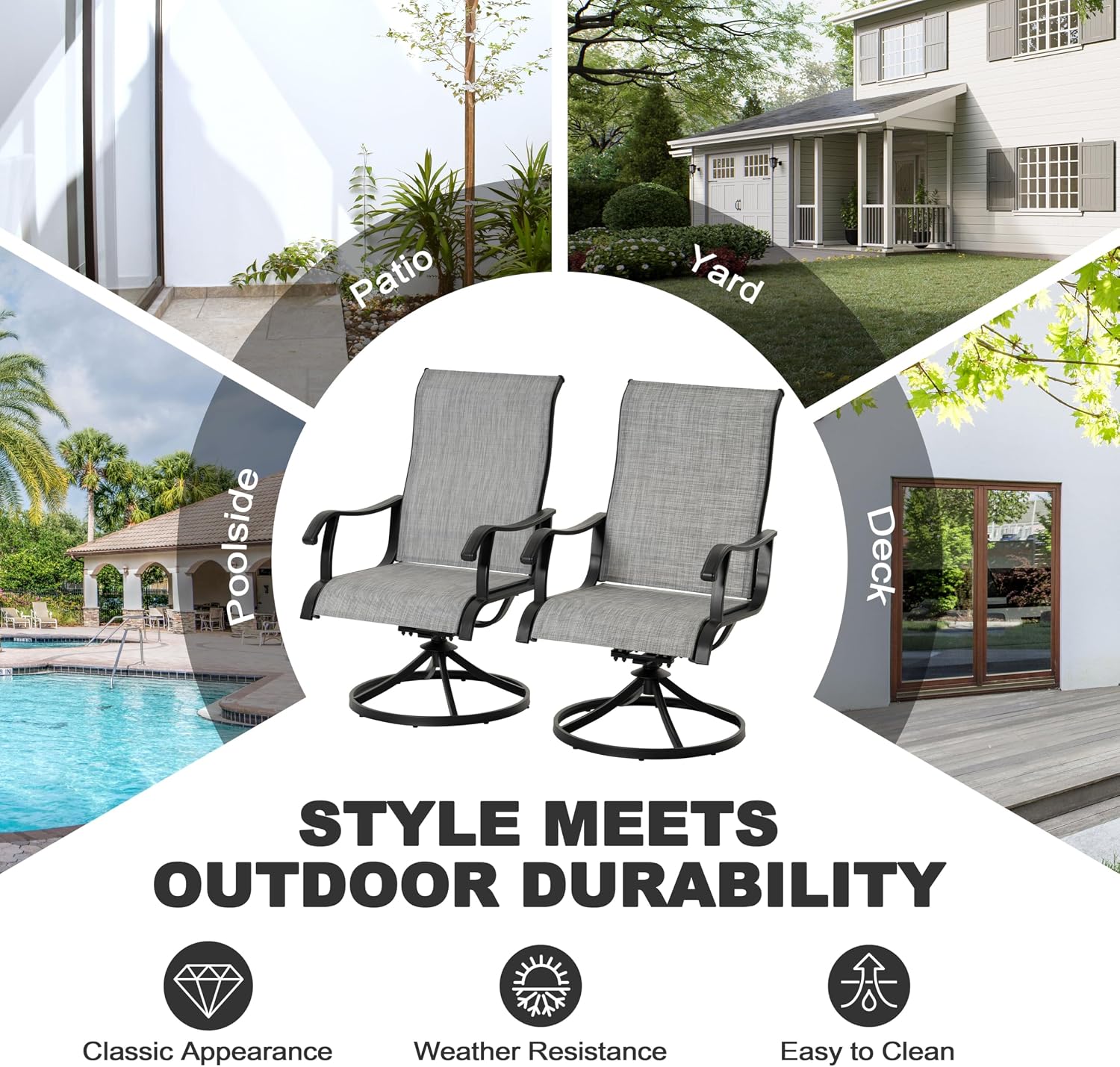 NUU GARDEN Patio Swivel Chairs Set of 2, Outdoor Dining Chairs | Breathable Textilene seats with smooth 360° swivel motion, ergonomic high-back design and durable powder-coated steel frame