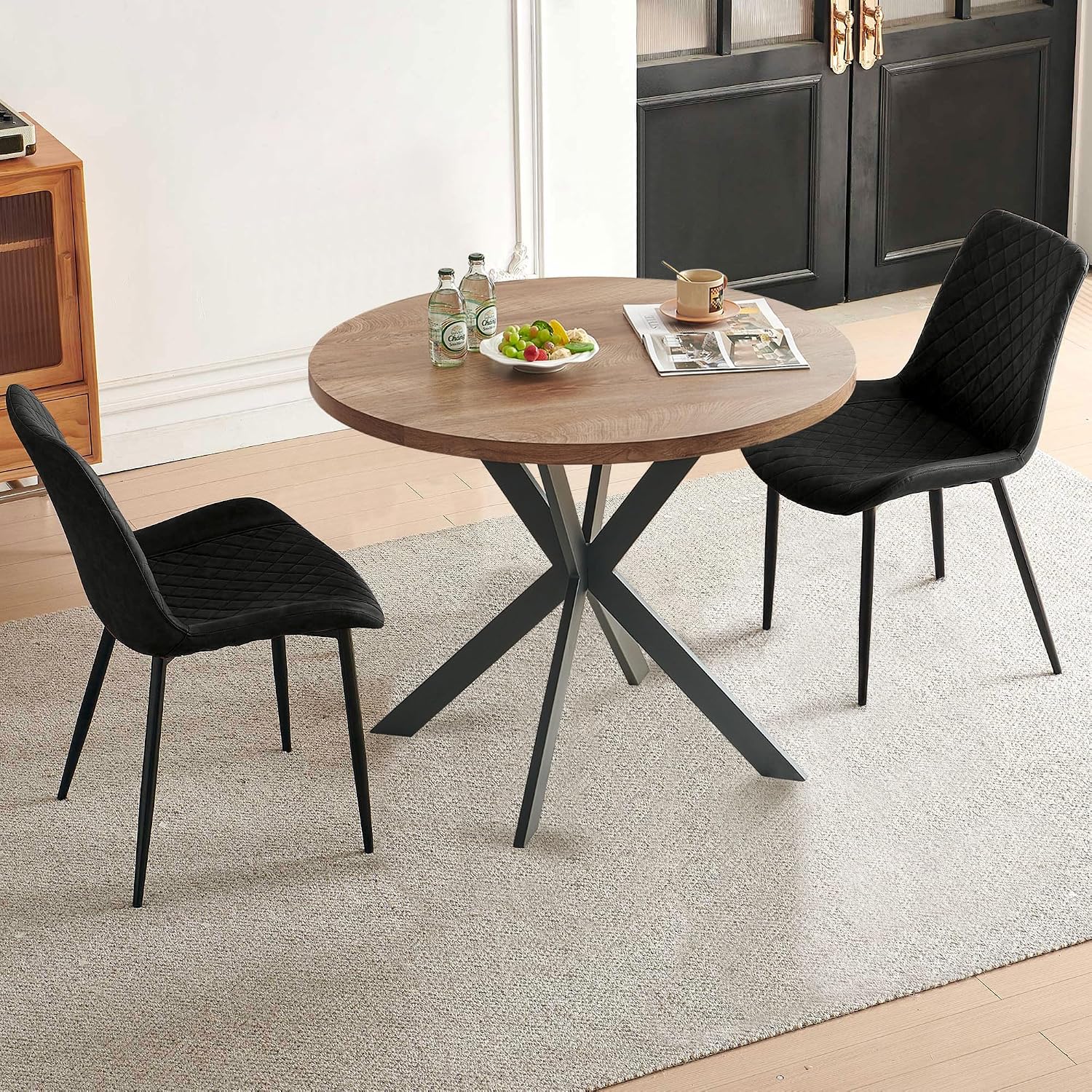 PU Leather Dining Chairs Set of 2, Modern Armless Dining Room Chairs, Comfy Upholstered Kitchen Chairs with Backrest, Black Metal Legs for Living Room, Dinning Room, Black