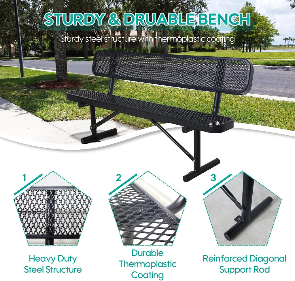4FT Heavy Duty Metal Park Bench for Outside, Thermoplastic-Coated Weatherproof Outdoor Bench with Backrest & Portable Frame, Commercial Benches for Shopping Mall, Store, Park, Patio, Porch, Black