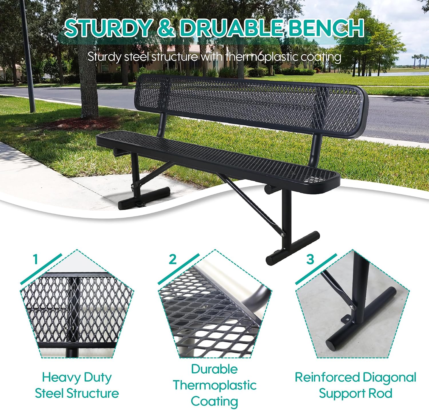 4FT Heavy Duty Metal Park Bench for Outside, Thermoplastic-Coated Weatherproof Outdoor Bench with Backrest & Portable Frame, Commercial Benches for Shopping Mall, Store, Park, Patio, Porch, Black