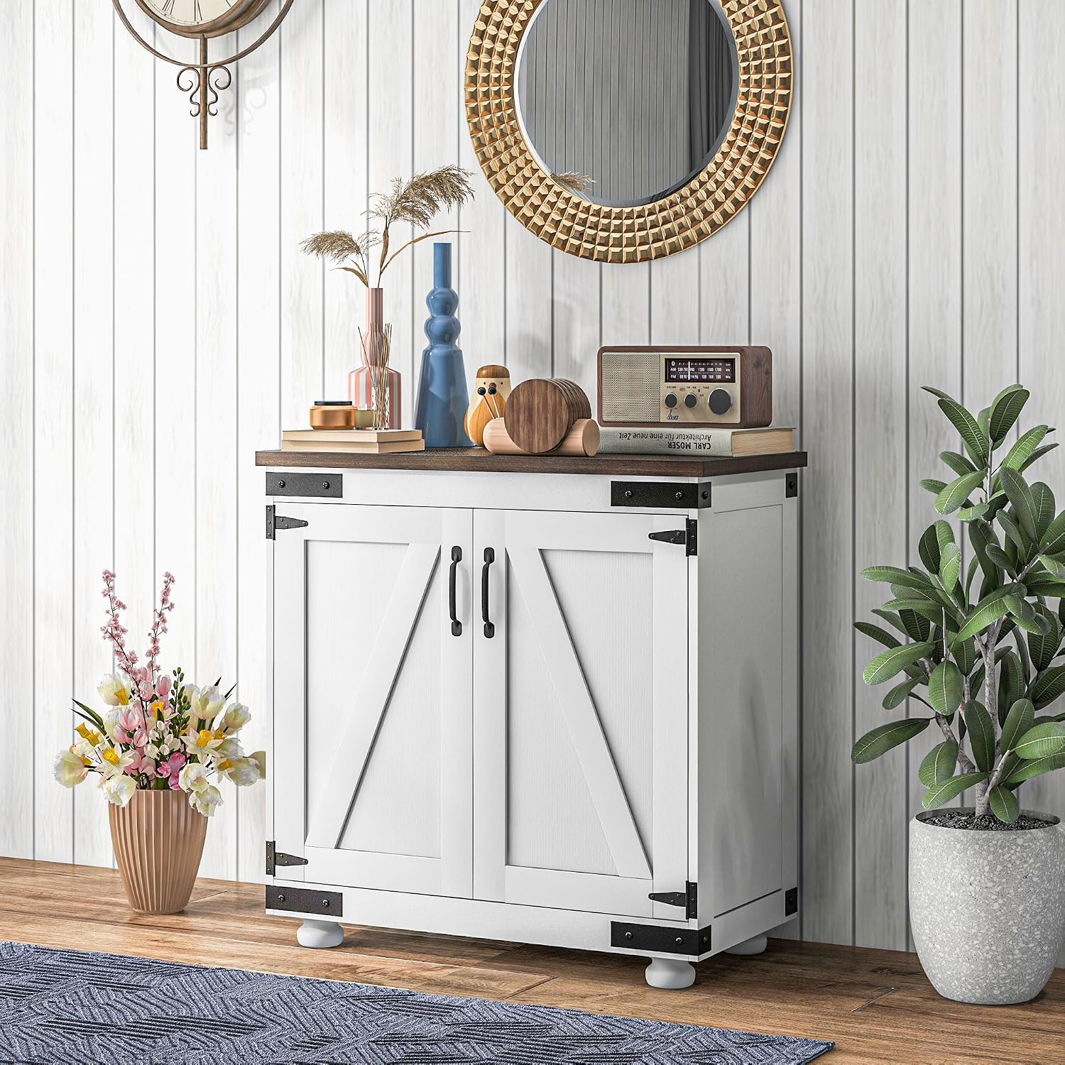 Farmhouse Kitchen Pantry, White Sideboard Buffet Cabinet with Barn Door and Adjustable Shelf, Wood Legs, Easy to Maintain, for Dining Room