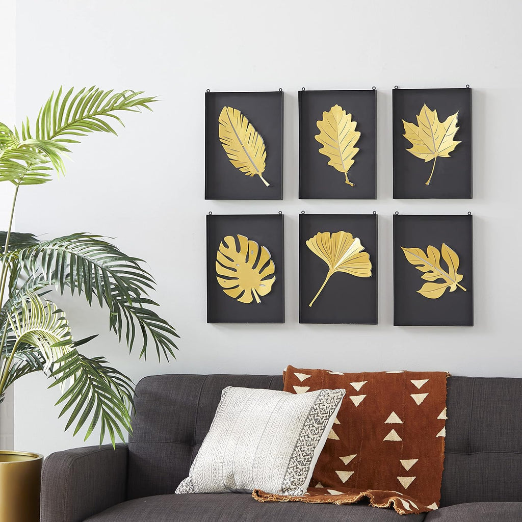Deco 79 Metal Leaf Wall Decor, Set of 6 10"W, 15"H, Black