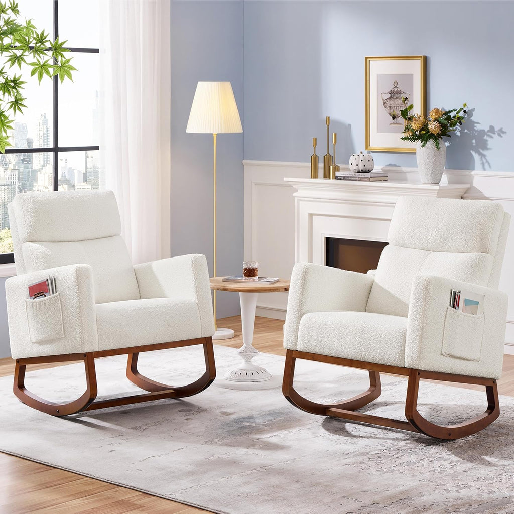 Yaheetech Upholstered Rocking Chair, Boucle Nursery Glider Chair with Side Pocket, Modern Rocking Accent Armchair with High Back and Rubber Wood Legs for Living Room Bedroom Nursery, 2 Pcs, Ivory