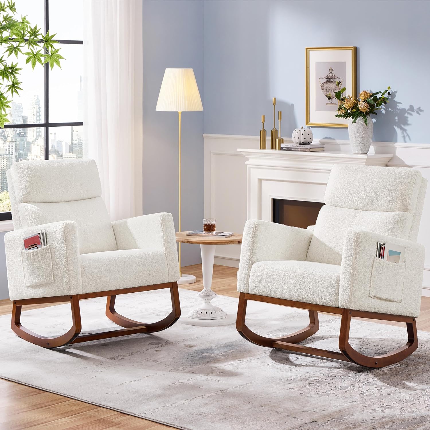 Yaheetech Upholstered Rocking Chair, Boucle Nursery Glider Chair with Side Pocket, Modern Rocking Accent Armchair with High Back and Rubber Wood Legs for Living Room Bedroom Nursery, 2 Pcs, Ivory