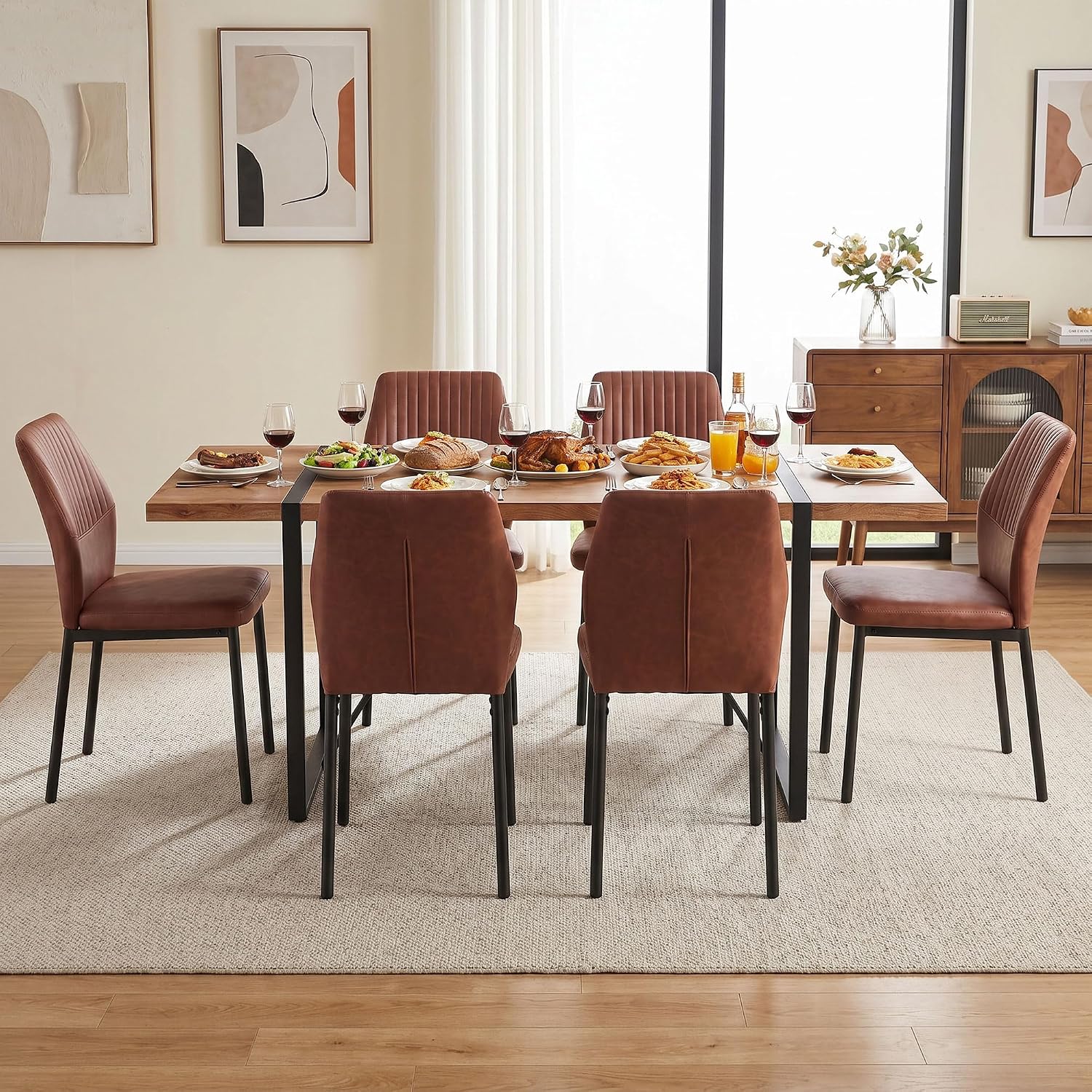 Dining Chairs Set of 6, Brown PU Leather Dining Chairs, Comfortable Upholstered Armless Kitchen Chairs with Black Metal Legs for Living Room, Dining Room, Kitchen