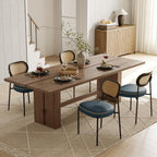 Rattan Dining Chairs Set of 2, Blue Leather Upholstered Dining Chairs with Rattan Cane Back, Mid Century Modern Dining Room Chairs with Black Metal Legs & D-Shaped Thicken Cushion, Blue
