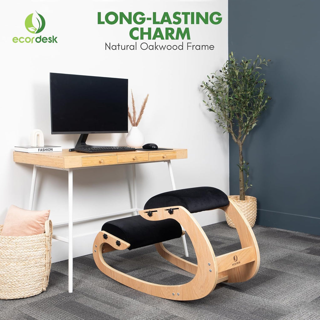 Ergonomic Kneeling Chair, Adjustable Seat - Office Chair for Desk, Posture Corrector, Premium Comfort Cushion, Wooden Rocking Knee Chair (Black)