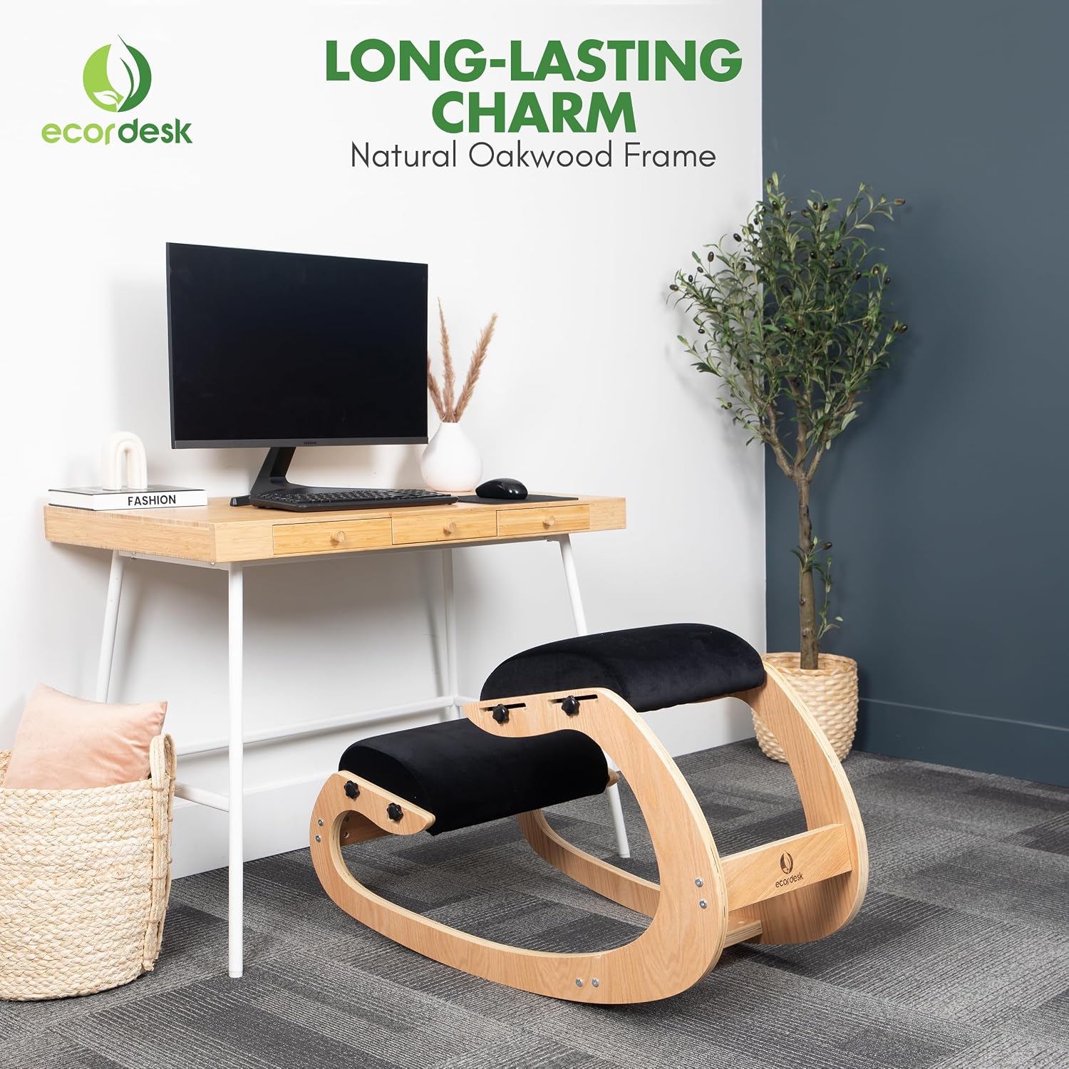 Ergonomic Kneeling Chair, Adjustable Seat - Office Chair for Desk, Posture Corrector, Premium Comfort Cushion, Wooden Rocking Knee Chair (Black)