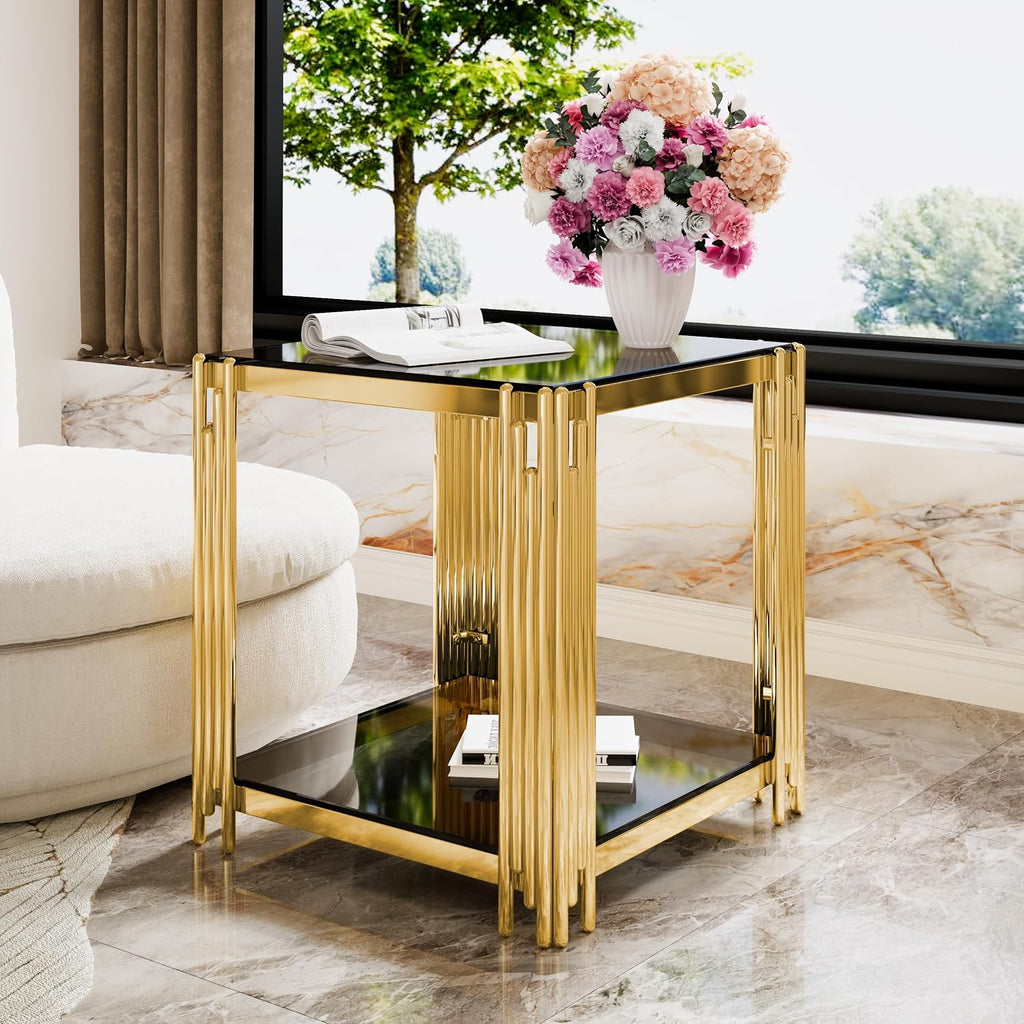 Black Mirror End Table for Living Room, Square,Asymmetrical Metal, Gold Lower Shelf, 19.9"