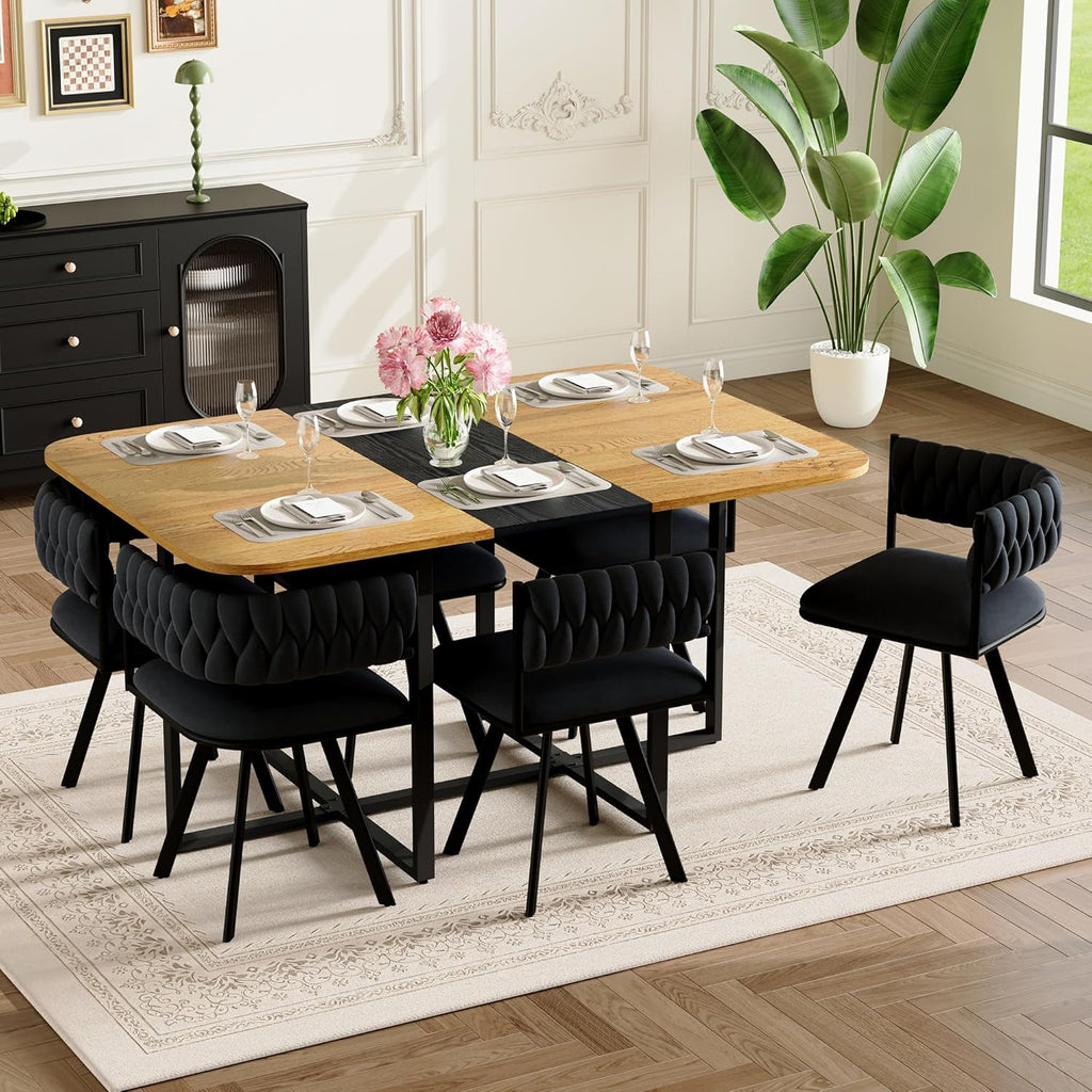 dining room table set for 6, 7-Piece Modern Kitchen & Living Room Set, 59" Space-Saving Two-Tone Wood Grain Rectangular Table with 6 PU Leather Chairs, Metal Frame for Apartment & Small Spaces