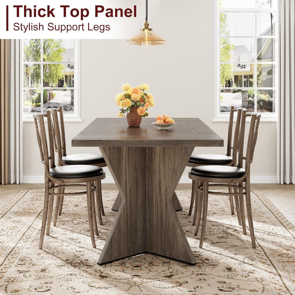 GarveeHome 70.9'' Dining Table for 6, Farmhouse Rectangular Kichen Table with Sturdy Frame and “V” Leg, Wooden Thickened Long Desk and Dinner Desk for Dining Room, Kitchen, Office, Game Room(Grey)