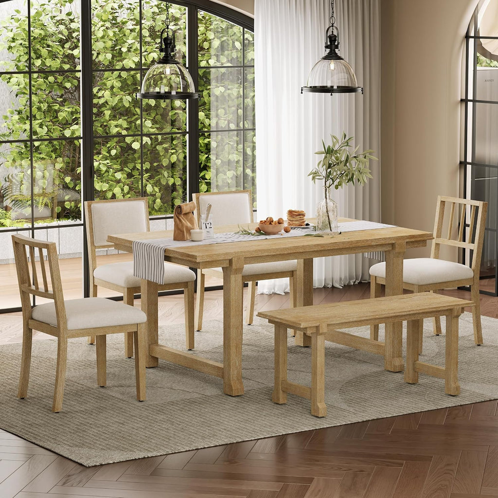 LUMISOL 6-Piece Dining Table Set for 6, Farmhouse Kitchen Table Set with 4 Upholstered Chairs with Bench, Solid Wood Table and Chairs Set for Kitchen, Dining Room, Natural Wood Wash+Beige