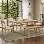 LUMISOL 6-Piece Dining Table Set for 6, Farmhouse Kitchen Table Set with 4 Upholstered Chairs with Bench, Solid Wood Table and Chairs Set for Kitchen, Dining Room, Natural Wood Wash+Beige