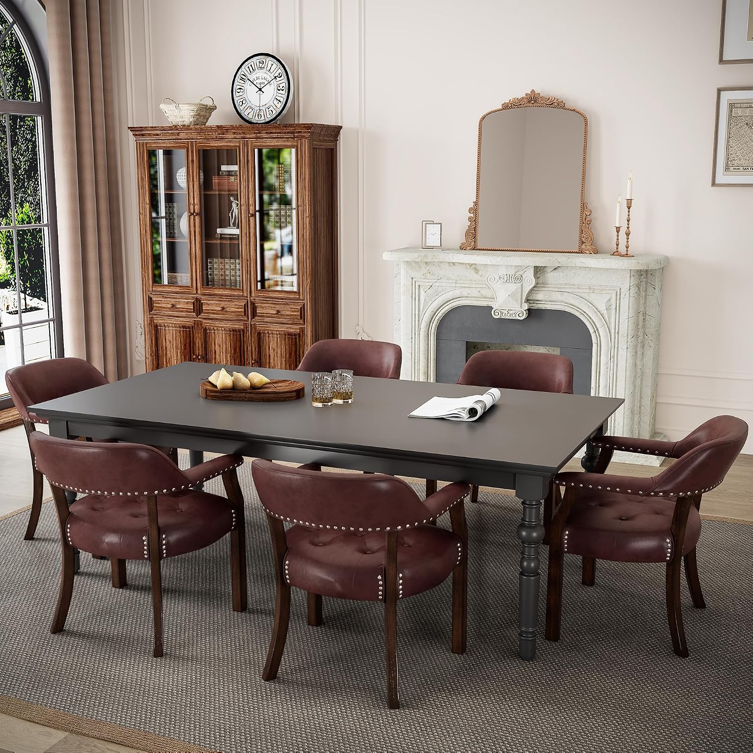 LEEMTORIG Set of 8 Faux Leather Dining Chairs with Arms, Supportive Back, Espresso Legs & Dark Wine Red PU CY-NX173-318WR