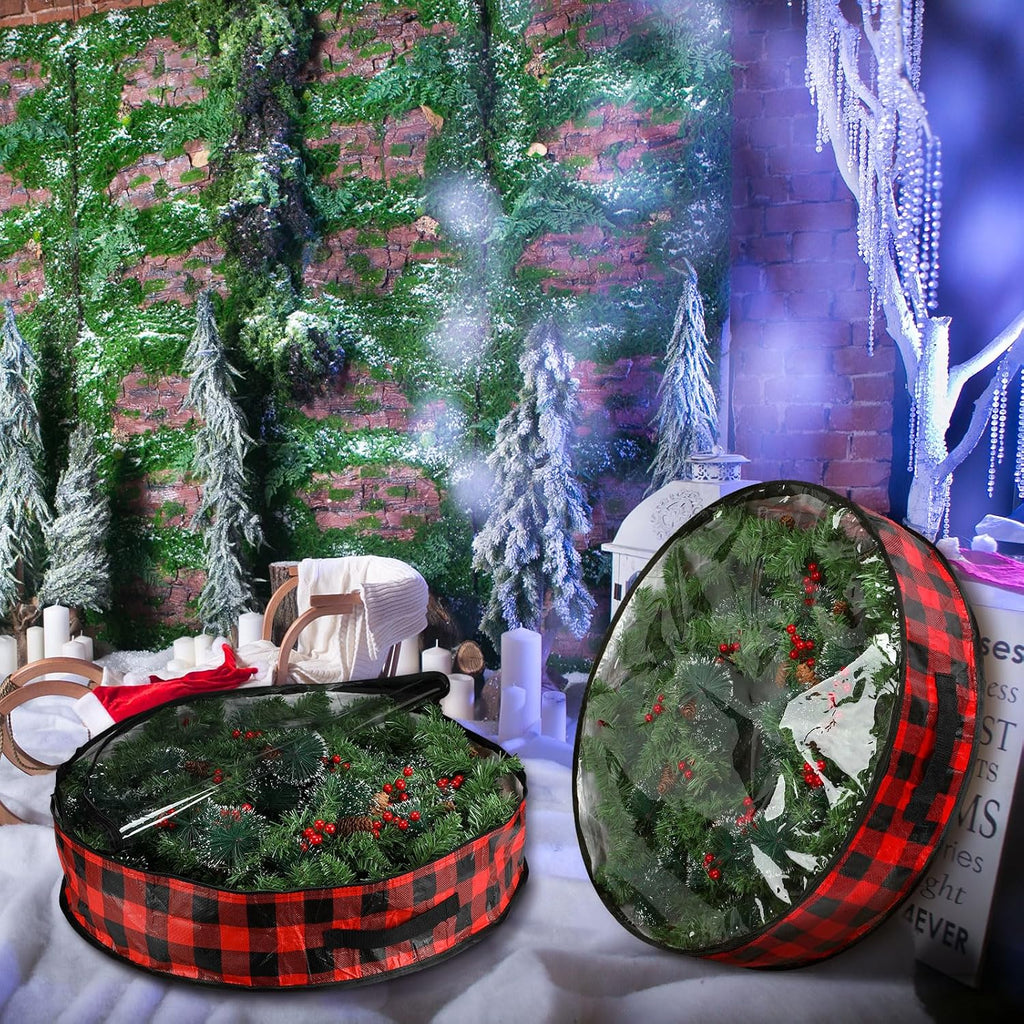 Kingdder 4 Pcs Christmas Wreath Storage Bags 30 Inch Xmas Garland Container Case with Clear Window Handles Zipper Black and Red Buffalo Plaid Wreath Box for Holiday Seasonal Storage