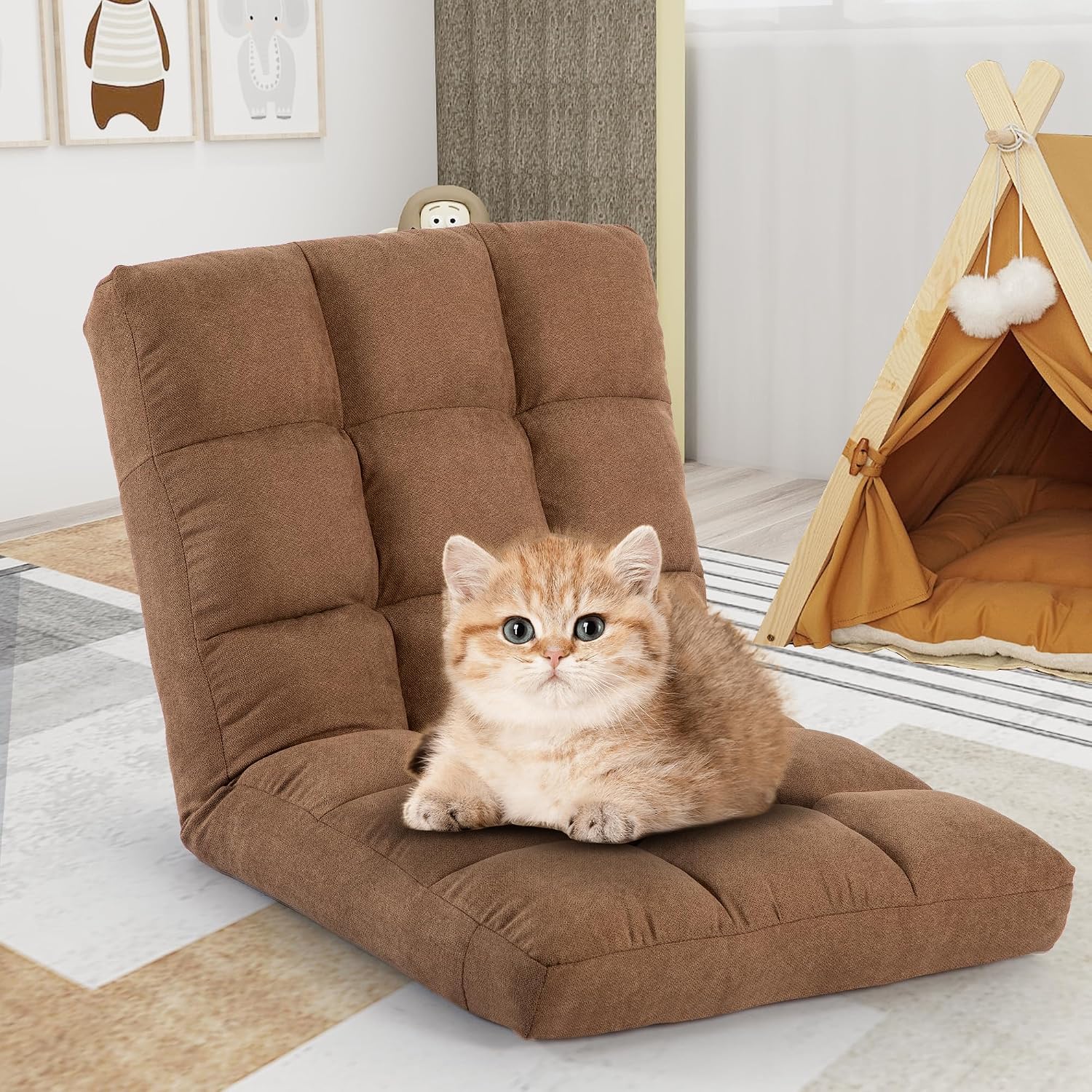 Floor Chair, 24 inches Wide Oversized Velvet Armless Lay Flat Floor seat Padded Meditation Chair with 6 Adjustable Position Ergonomic Comfortable Convenient (Casual, LRSF-006-TAN)