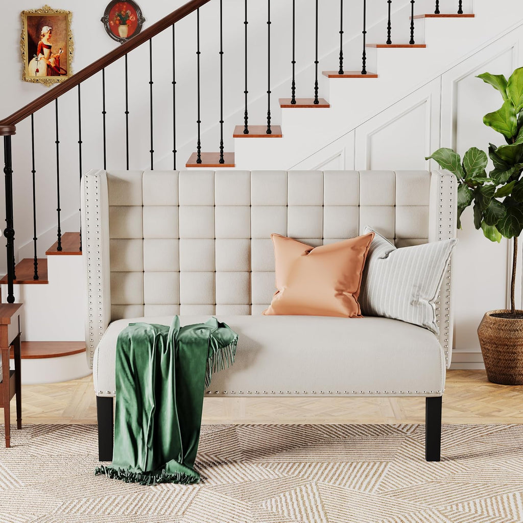 Andeworld Modern Loveseat Settee Bench Sofa Couch, Upholstered Banquette Dining Bench with Back for Dining Living Room Hallway or Entryway Seating,White