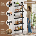 Industrial Wine Rack Wall Mounted, Industrial Pipe Bar Shelf for Wine Display, 5-Tier Rustic Hanging Organizer for Wine Bottle Storage in Kitchen, Bar, Pub, Cellar(Black, 24 Inch)