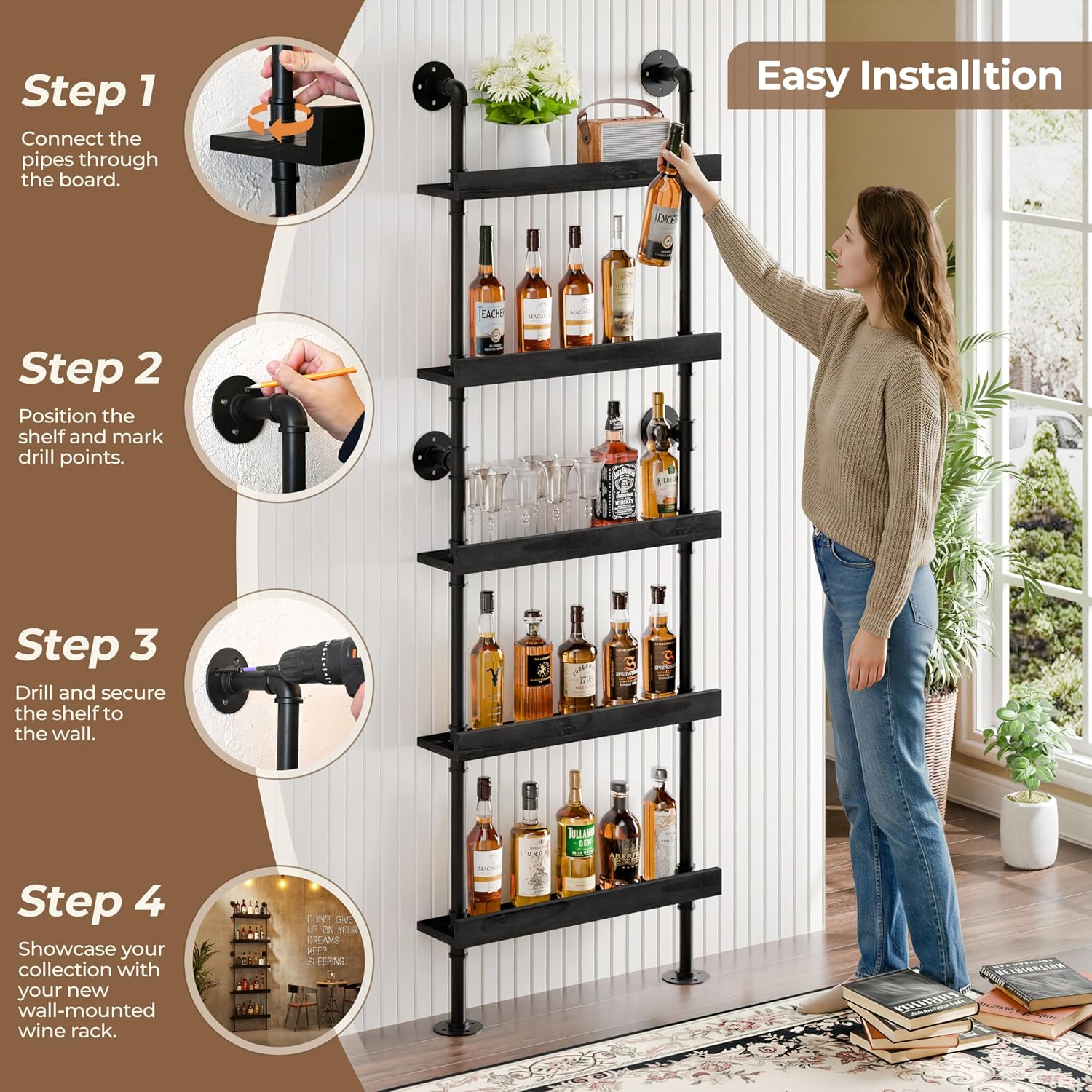 Industrial Wine Rack Wall Mounted, Industrial Pipe Bar Shelf for Wine Display, 5-Tier Rustic Hanging Organizer for Wine Bottle Storage in Kitchen, Bar, Pub, Cellar(Black, 24 Inch)