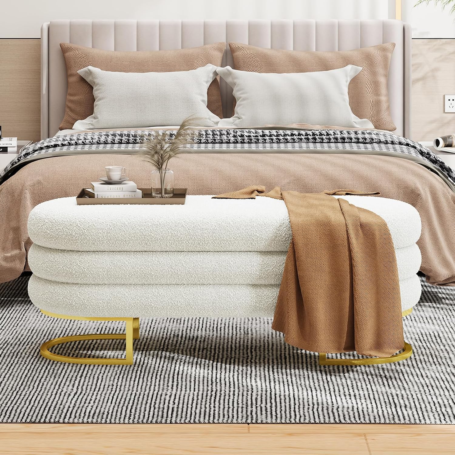 Vabches 49" Ottoman with Storage, Storage Bench with Golden Metal Leg Large Oval Upholstered Linen End of Bed Bench for Living Room, Bedroom, Window & Entryway, 330 lb Capacity, White