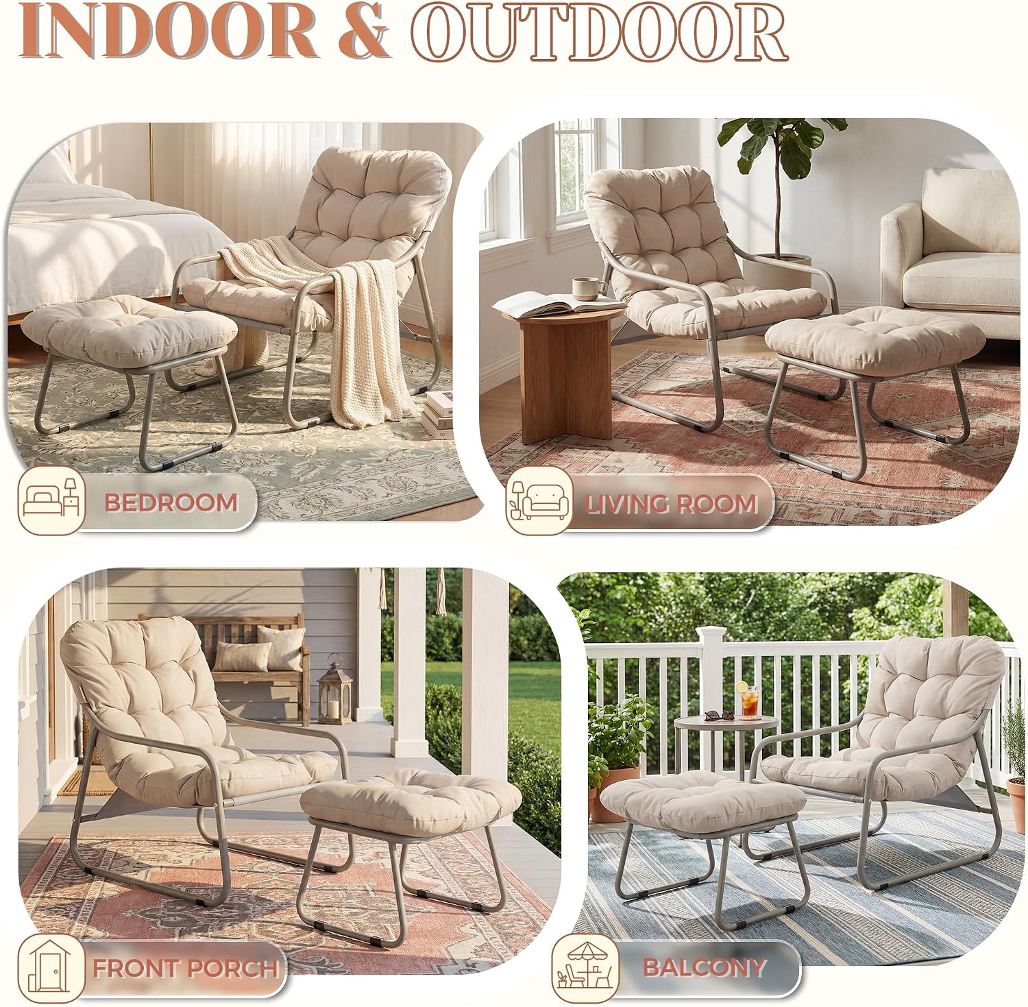 NICESOUL 2-Piece Outdoor Lounge Chair and Ottoman Set, Comfy Patio Lounge Chairs with Reclined Backs and Armrests, Heavy-Duty Reading Chairs with Cushions for Porch, Balcony, Backyard, Beige