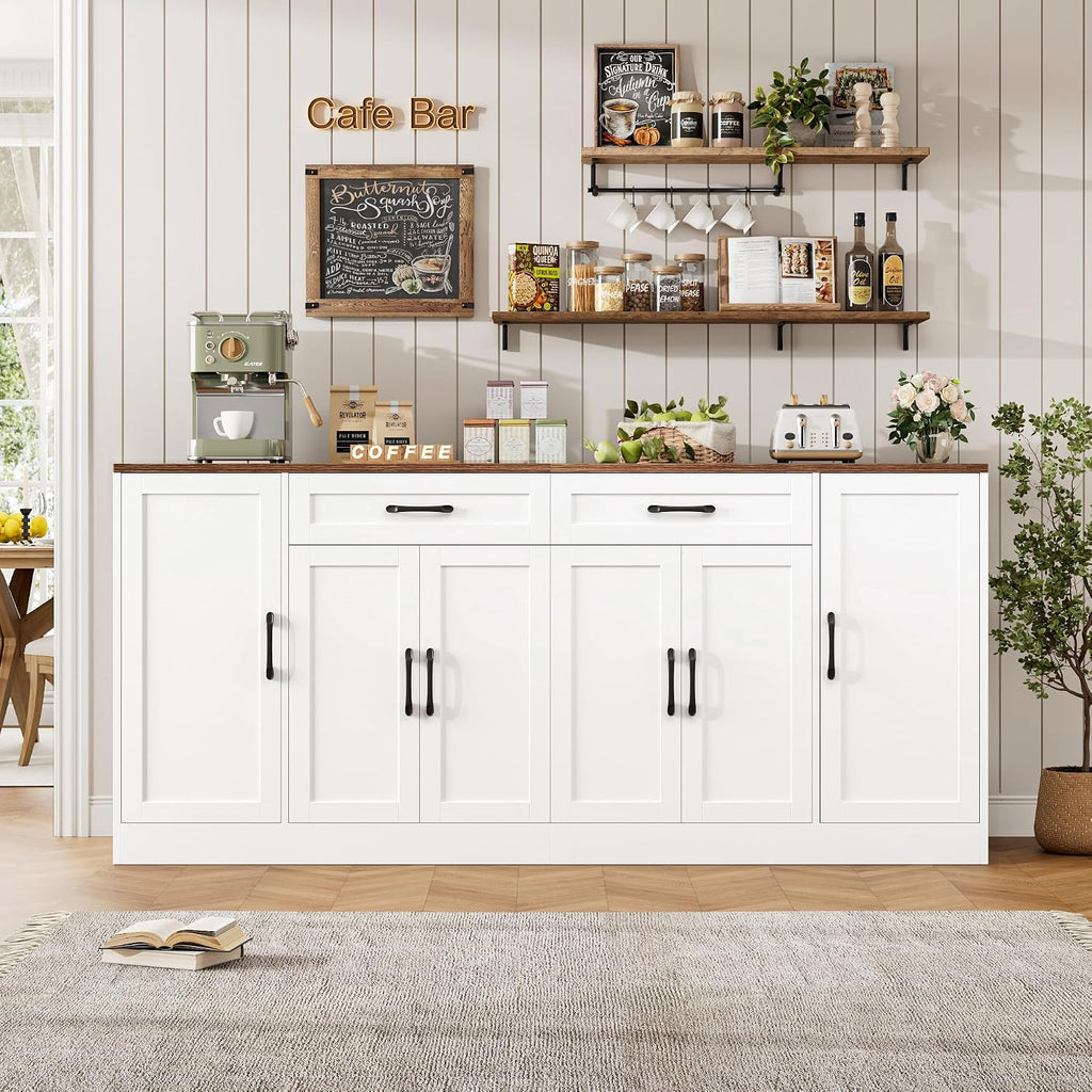 BOTLOG 71” Large Buffet Cabinet with Storage, Sideboard Buffet Cabinet with Adjustable Shelves and 6 Soft-Close Doors, Wood Coffee Bar Console Table for Kitchen, Dining Room, White