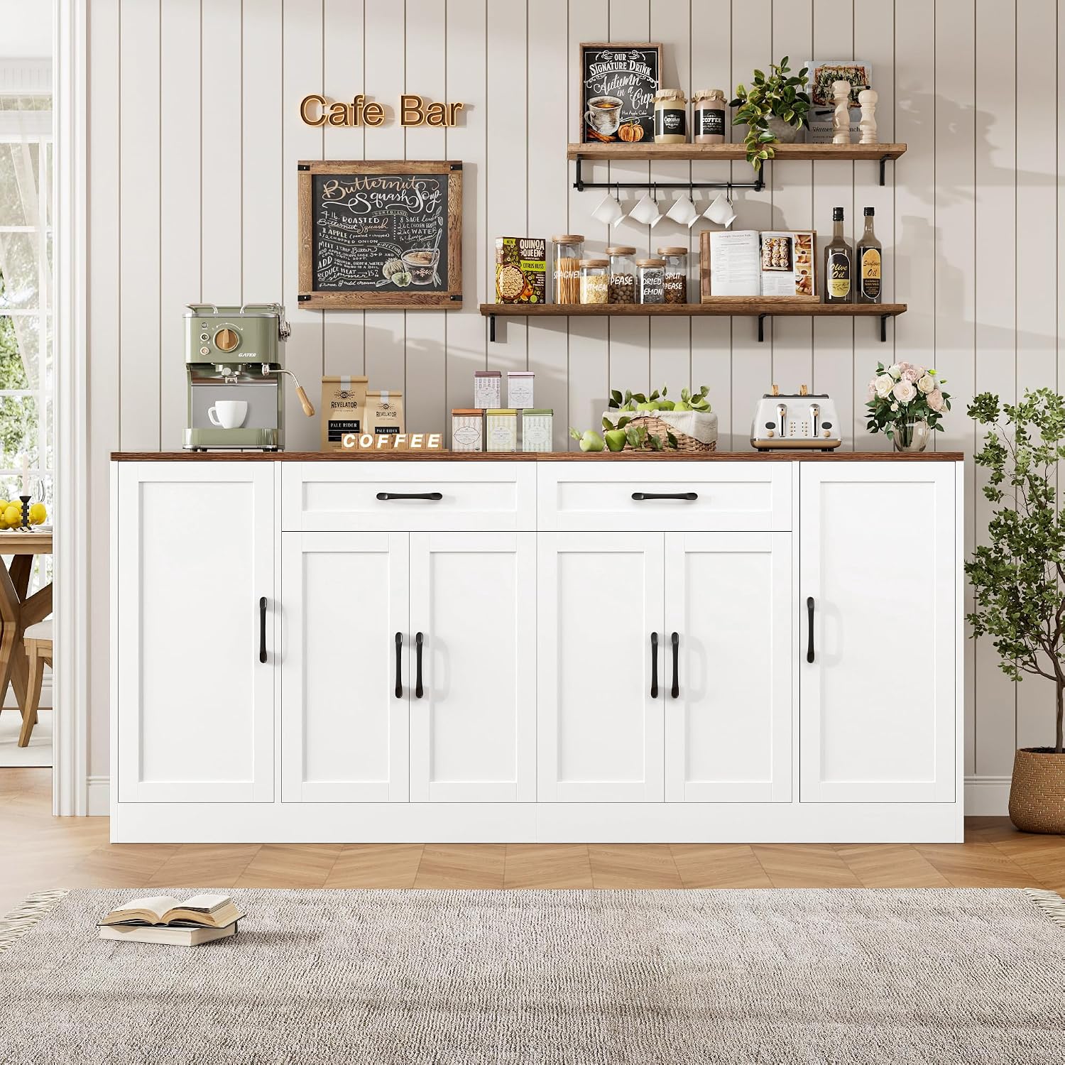 BOTLOG 71” Large Buffet Cabinet with Storage, Sideboard Buffet Cabinet with Adjustable Shelves and 6 Soft-Close Doors, Wood Coffee Bar Console Table for Kitchen, Dining Room, White
