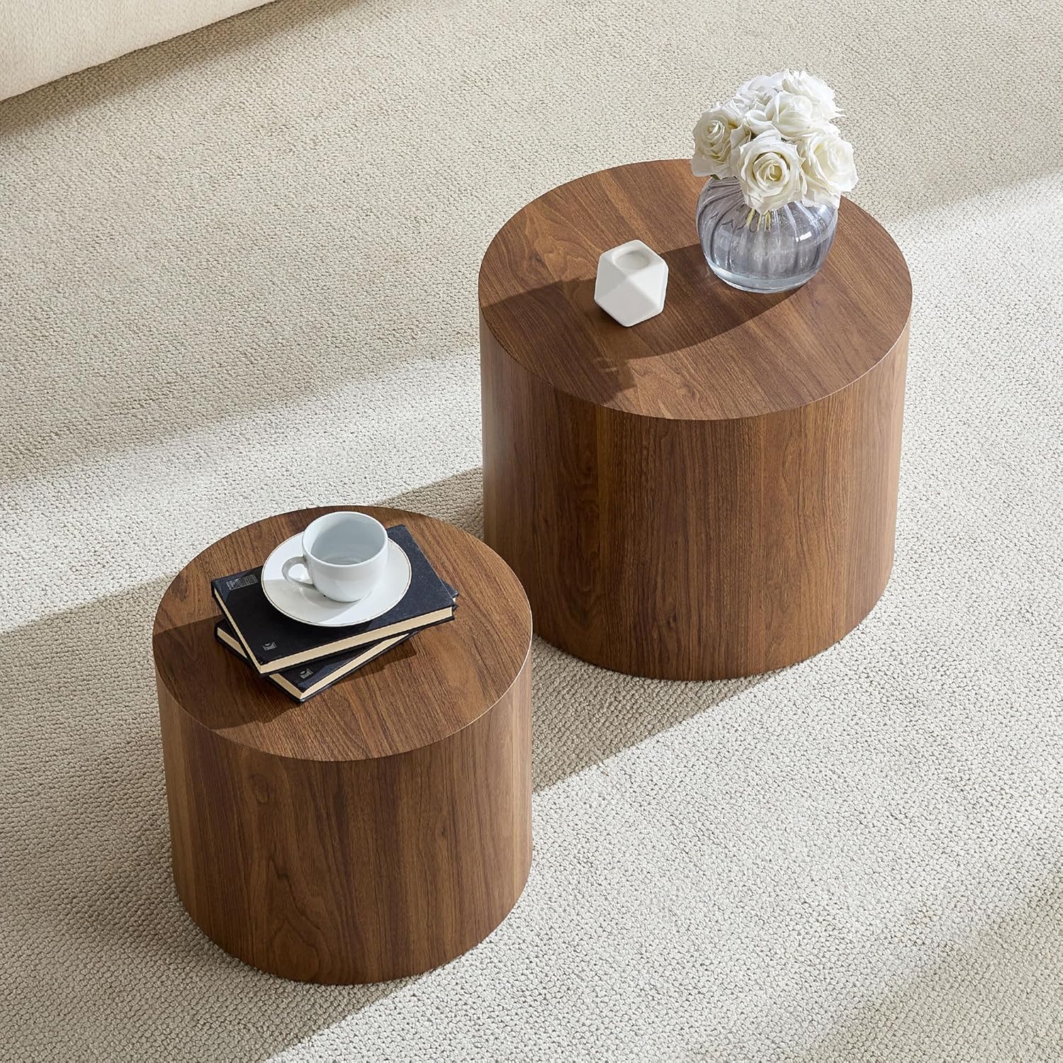 Round Coffee Table Set of 2, Nesting Coffee Table and End Table Set Wood Small Circle Drum Side Table for Living Room Office, No Assembly,Walnut