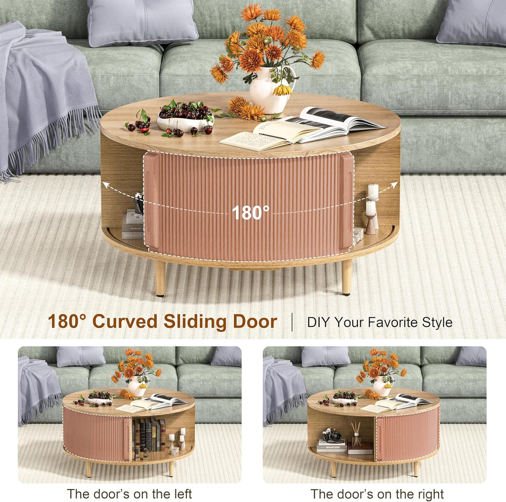 Round Coffee Table, 31.5" Fluted Center Table with Storage, Lift-Top Coffee Table with Adjustable Footpads, Sliding Door, Mid-Century Modern Center Table for Living Room, Small Space (Nature)