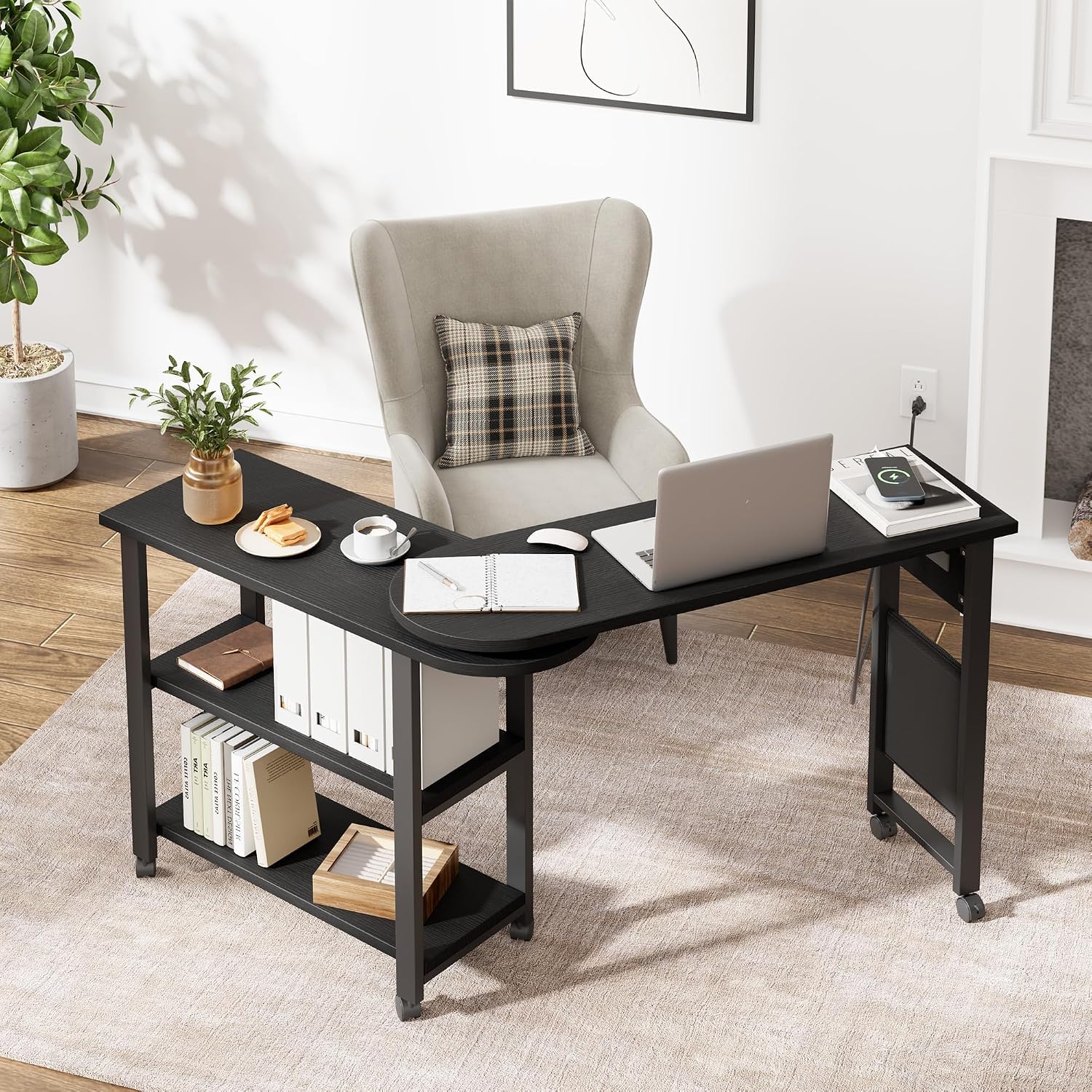 Towallmark 360° Free Rotating Sofa Side Table, End Table with Charging Station on 6 Lockable Swivel Wheels, Movable Bedside Nightstand with Storage Bag for Living Room, Bedroom, Sofa Side Desk