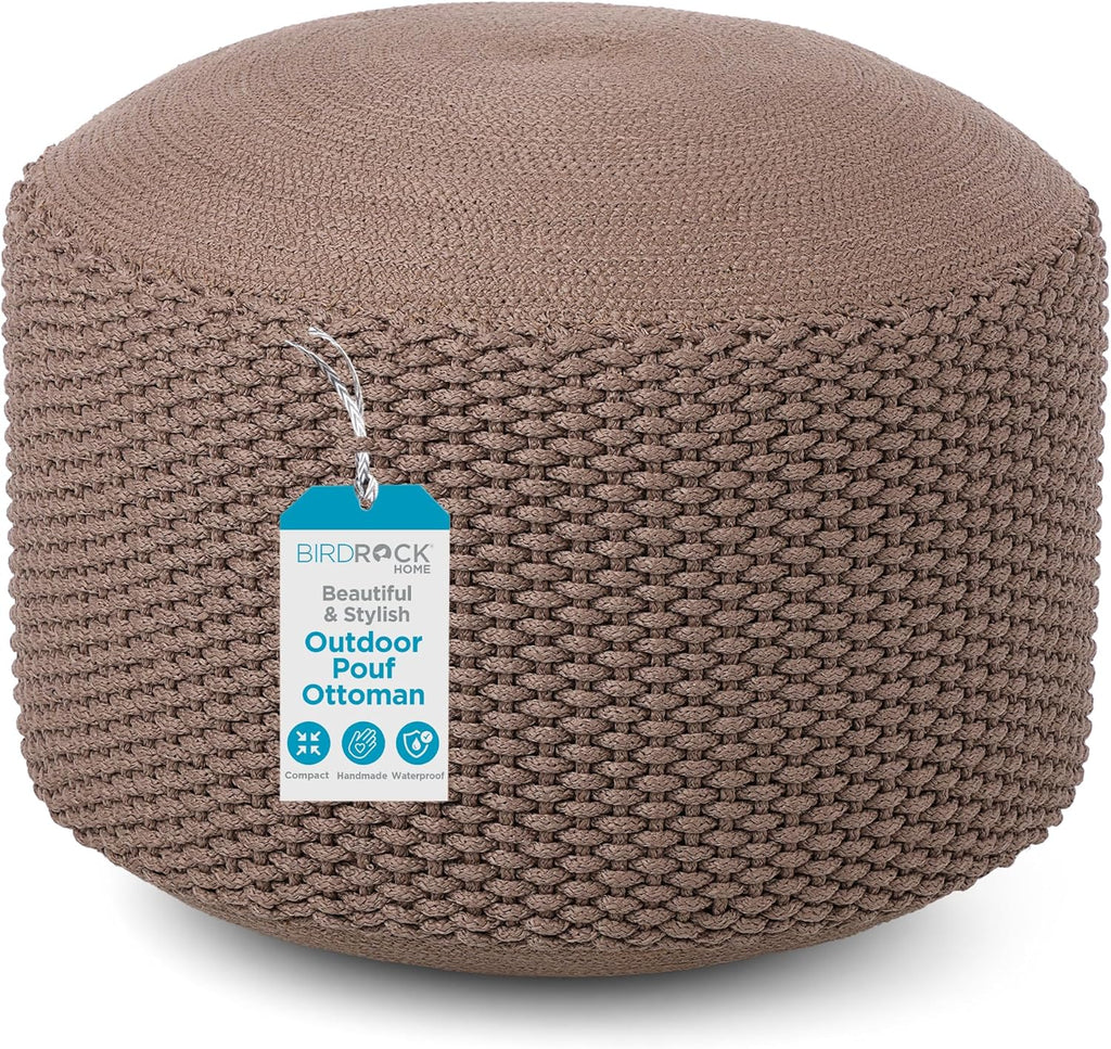BIRDROCK HOME Outdoor Pouf Ottoman | Hand Woven Waterproof Foot Stool with Bead Bag Filling | Boho Foot Rest for Patio, Living Room, Porch & Outdoor Seating | Lightweight, Soft Stuffed Chair | Brown