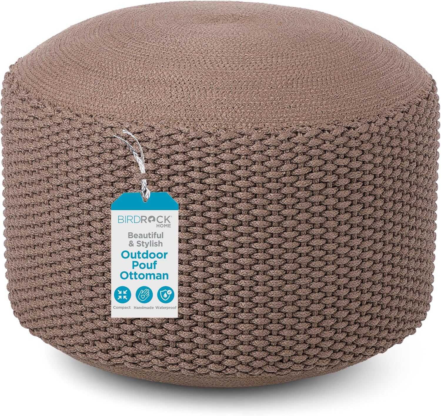 BIRDROCK HOME Outdoor Pouf Ottoman | Hand Woven Waterproof Foot Stool with Bead Bag Filling | Boho Foot Rest for Patio, Living Room, Porch & Outdoor Seating | Lightweight, Soft Stuffed Chair | Brown