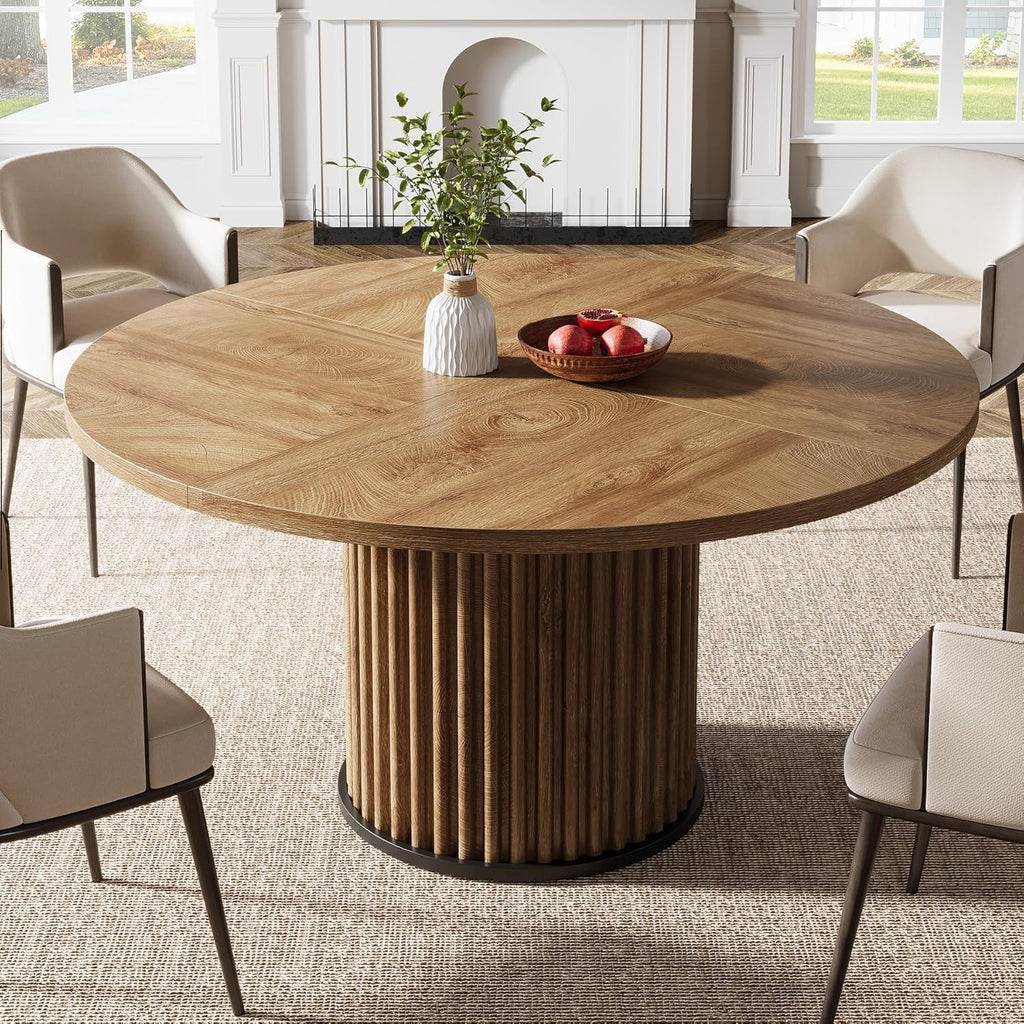 Tribesigns 47.24-Inch Brown Round Dining Table for 4-6 People, Modern Fluted MDF + Metal Base Kitchen Table, Sturdy Circle Dining Room Furniture, Brown