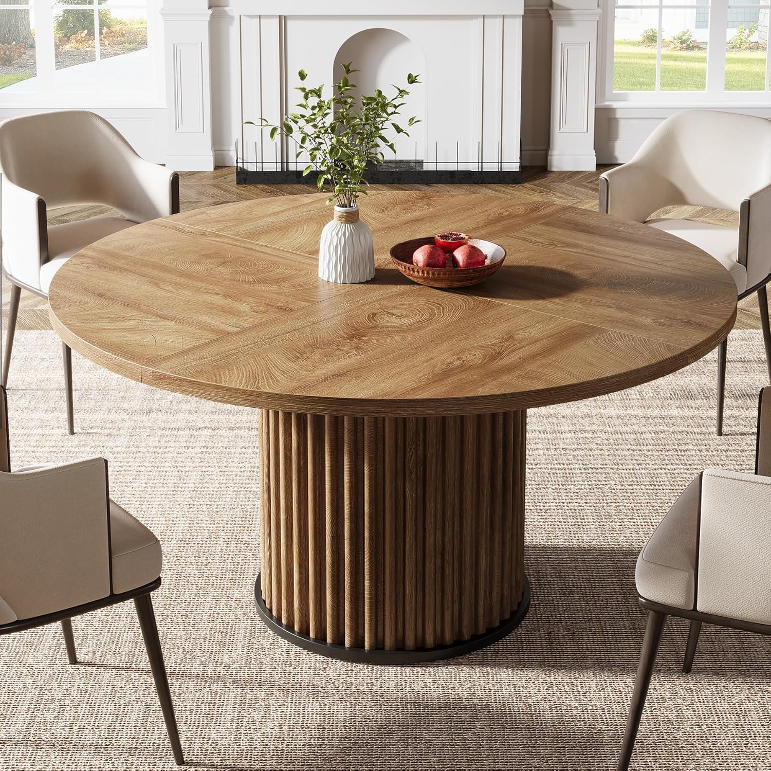 Tribesigns 47.24-Inch Brown Round Dining Table for 4-6 People, Modern Fluted MDF + Metal Base Kitchen Table, Sturdy Circle Dining Room Furniture, Brown