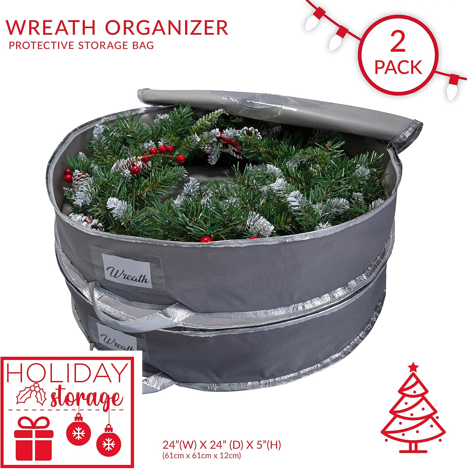 Simplify 24 Inch Wreath Bags | 2 Pack | Christmas Storage | Holiday Decorations | Round Zippered Bag | Protects Wreathes | Durable Material | Collapsible | Grey