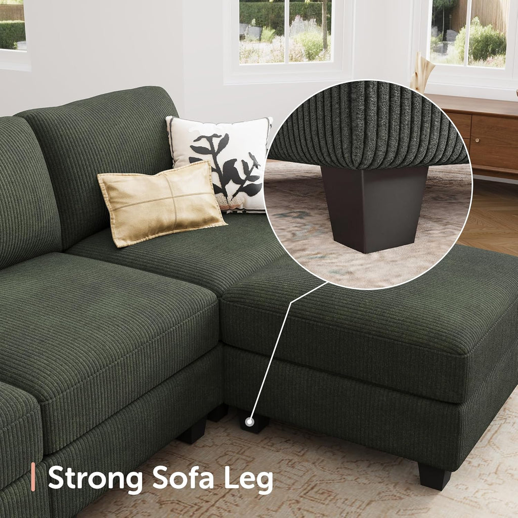 HONBAY Modern Corduroy Ottoman Module Sofa, 28.4 Inch Square Ottoman Bench with Storage, Green