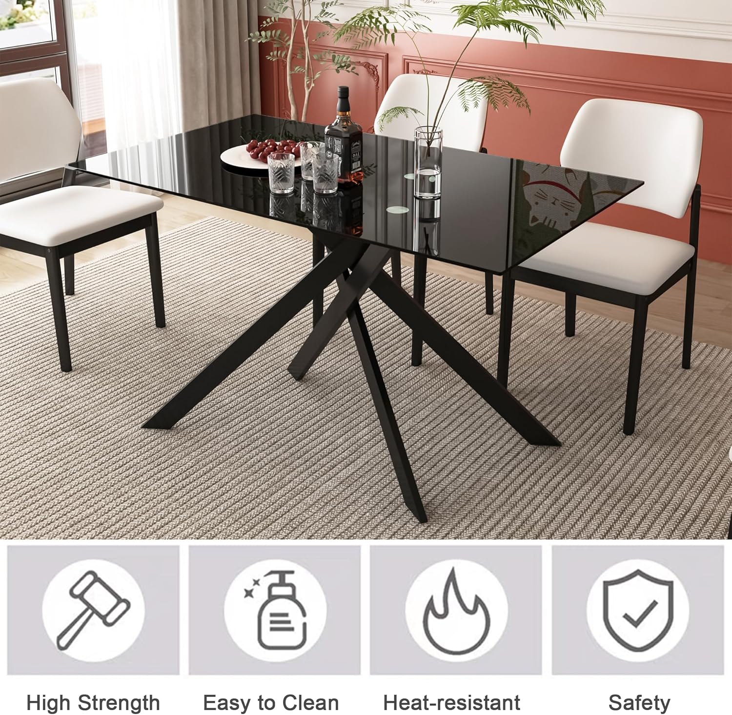 Modern Black Glass Dining Table Set for 6, Glass Kitchen Table and Chairs Set of 6, 7 Piece Dining Table Set with 51" Rectangle Dinner Tables and 6 PU Leather Dining Chairs