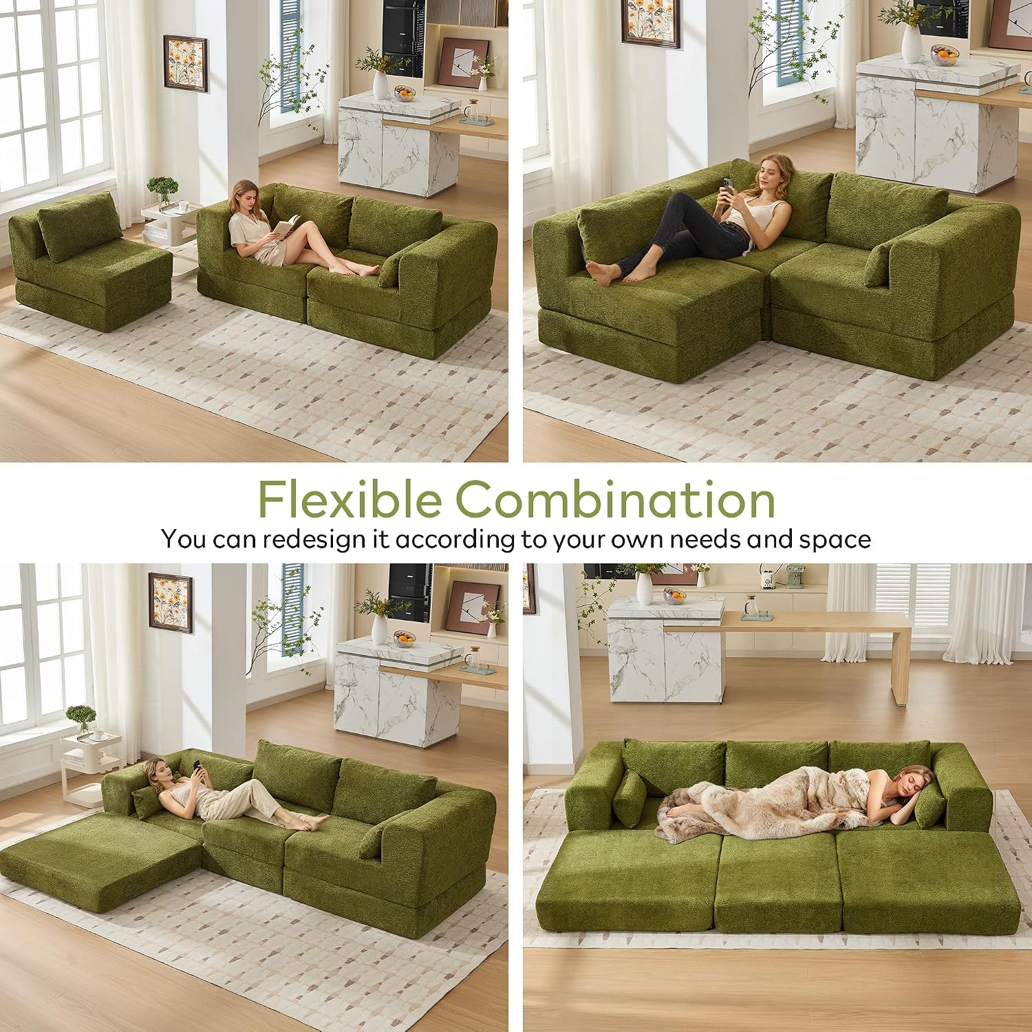 STHOUYN 106" Chenille Folding Convertible Sleeper Sofa Bed, Green Pull Out Floor Modular Couch with Pillow, Memory Foam Boneless Couchs Sectional for Living Room Bedroom (3, Green)