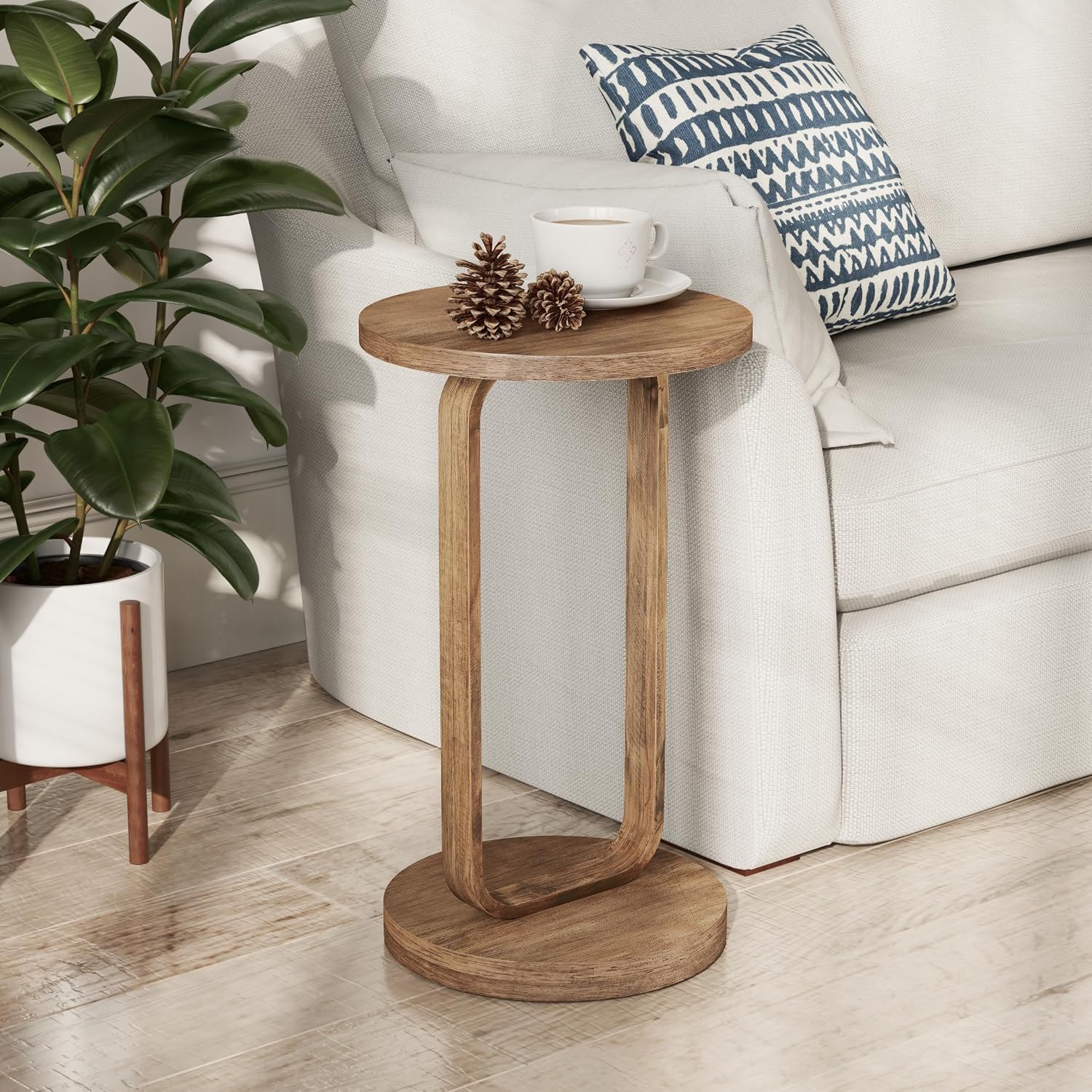 COZAYH Farmhouse Round End Table, Minimalist Small Drink Table, Rustic Plant Stand for Living Room or Bedroom, Boho, Natural Wood Color