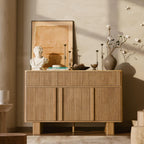 47" Wide Sideboard Buffet Cabinet with Storage, Modern Buffet with 3 Drawers and 3 Doors, Storage Cabinet with 2 Reinforced Legs for Kitchen, Living Room, Natural Oak
