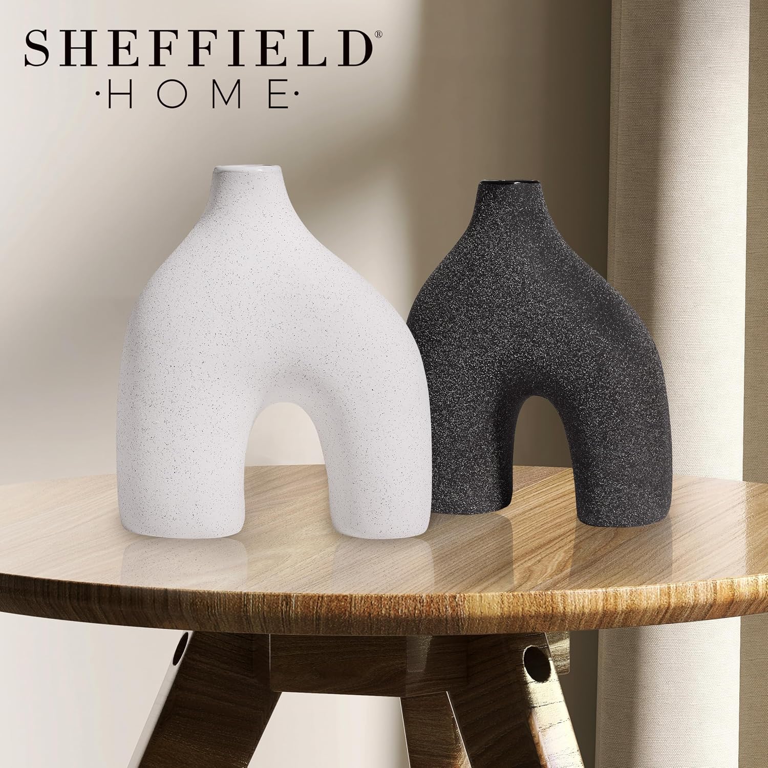Modern Round U-Shaped Vase Set of 2-8"x3.35"x9.3" Stoneware Sand Graze Hollow Flower Vases for Home Decor - Cute Vases for Centerpieces, Living Room, Office & Entryway Display (Black & White)