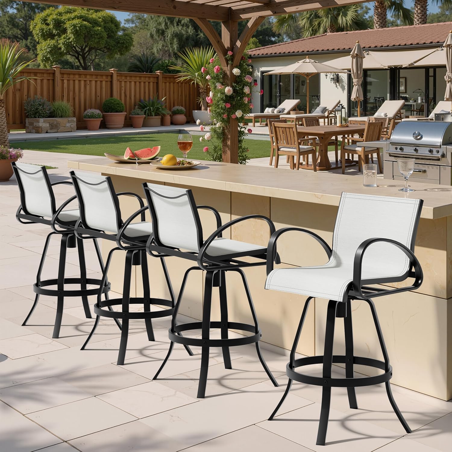Pellebant 30" Aluminum Outdoor Bar Stools Set of 2, Sunbrella Swivel Patio Bar Height Bar Stools with Back & Footrest, Rust-Proof Patio Bar Stools for Deck Lawn Garden, White