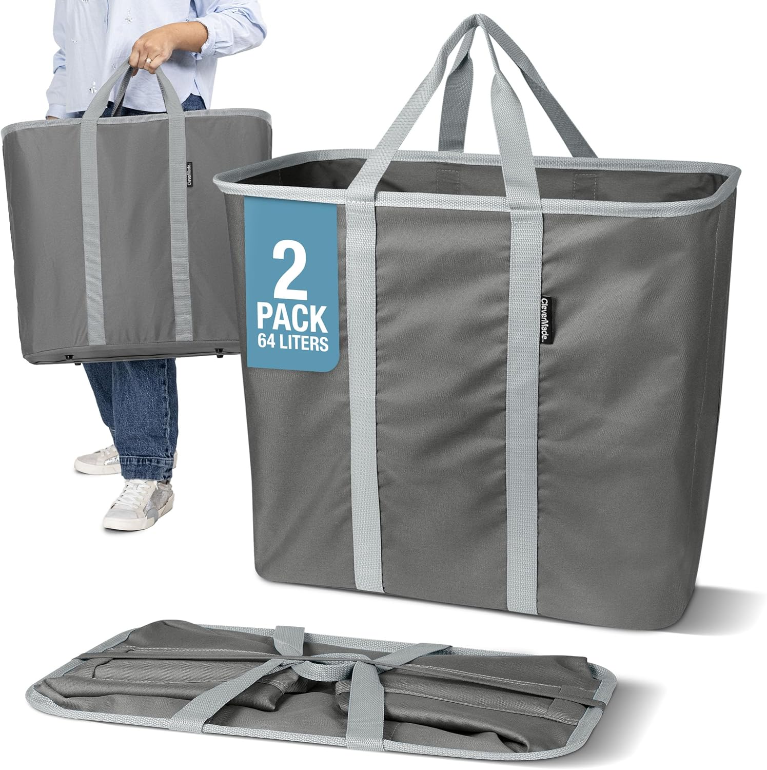 CleverMade Collapsible Laundry Caddy – Foldable Laundry Hamper & Tote, XXL 64L Pop-Up Laundry Basket with Handles, Space-Saving Laundry Organizer for Home & Travel, 2 Pack - Charcoal Gray