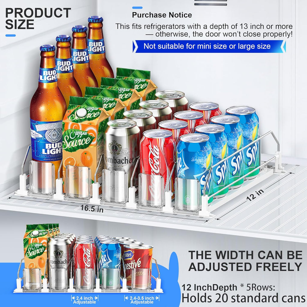 Drink Organizer for Fridge, Upgraded Drink dispenser for fridge, Automatic Pusher Glide,12oz 16oz - Can Dispenser for Fridge - Holds up to 20 Cans - 5 Rows White