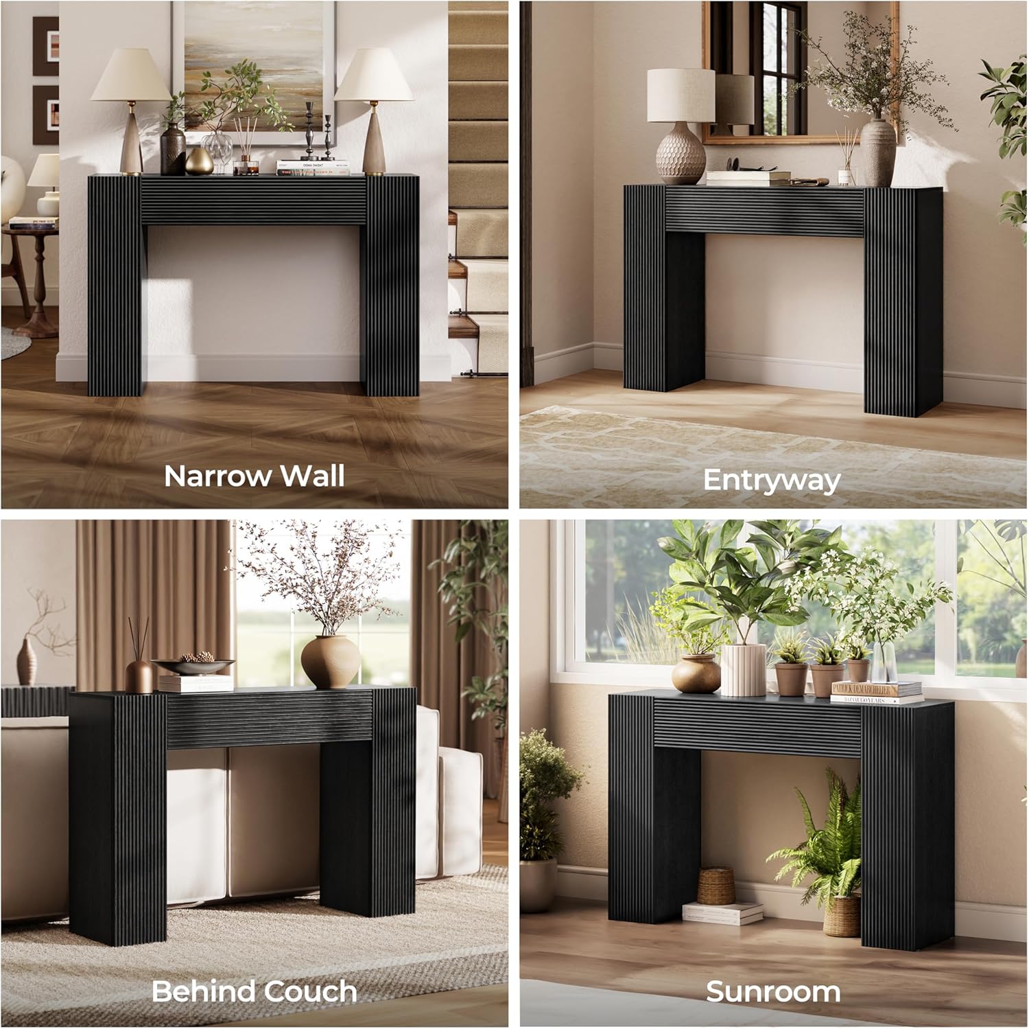 43" Fluted Mid Century Modern Narrow Console Table with Storage, Farmhouse Skinny Entryway Table, Small Entry Table & Storage Cabinet, Sofa Table Behind Couch for Living Room, Hallway, Entrance, Black