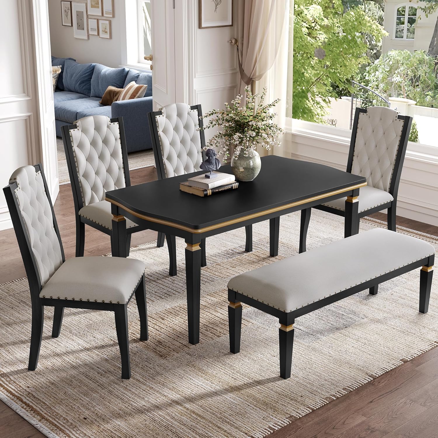 Merax 6-Piece Kitchen Dining Table Set, 60" Rectangular Table with 4 High-Back Tufted Upholstered Chairs & 1 Bench, Rubberwood Legs Modern Elegant Farmhouse for Kitchen Room, Black