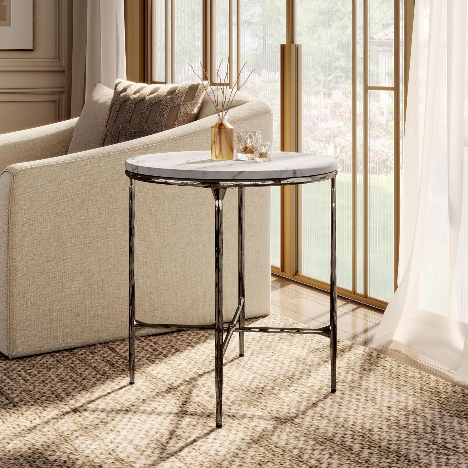 24/7 Shop at Home Aureum Modern 22-inch Round Marble Top End Table with X-Brace, Hammered Dark Bronze Metal Frame for Living Room, Office, White