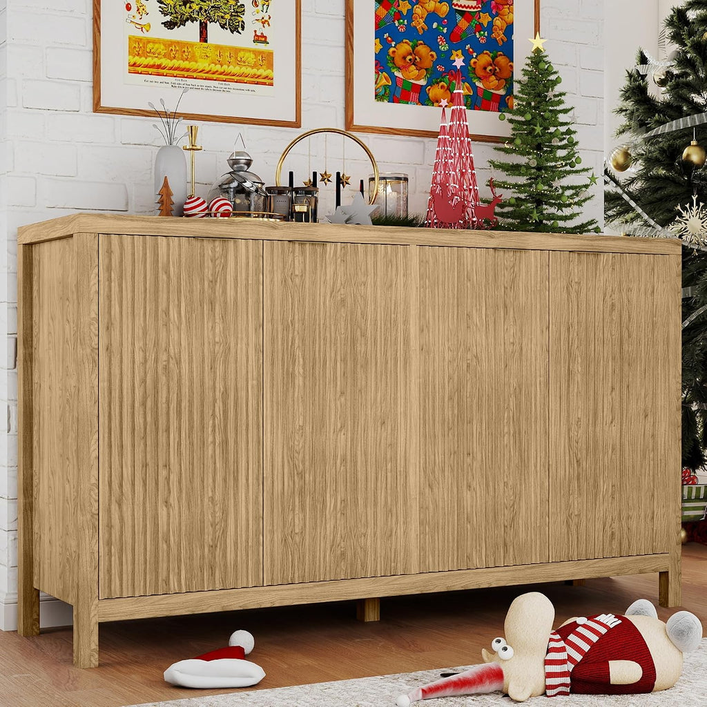 Real Relax Fluted Sideboard Buffet Cabinet with Storage, 55" Modern Sideboard Credenza Cabinet with 4 Doors, Coffee Bar Buffet Table for Dining Room, Kitchen, and Living Room, 55"x15.4"x32.8", Oak