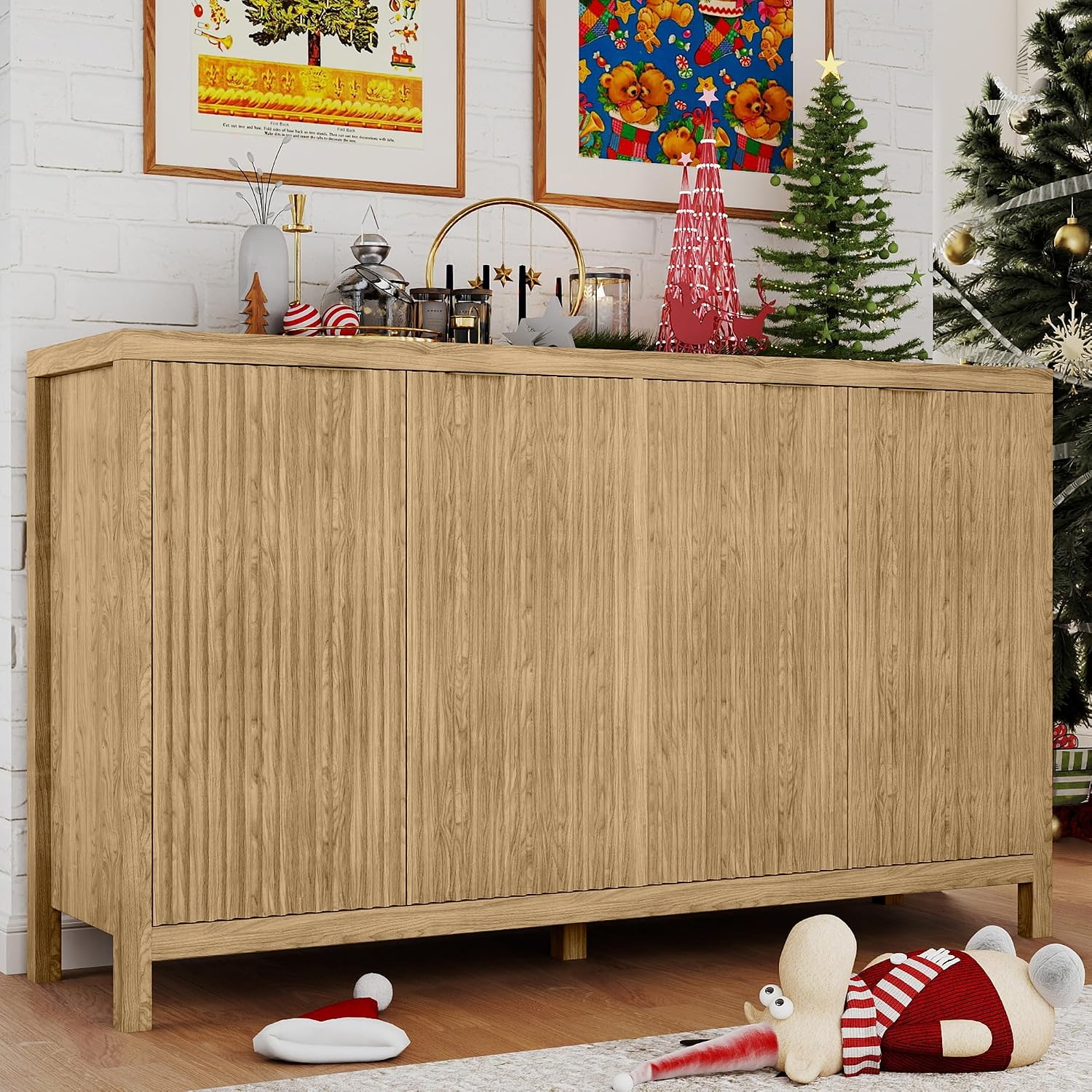 Real Relax Fluted Sideboard Buffet Cabinet with Storage, 55" Modern Sideboard Credenza Cabinet with 4 Doors, Coffee Bar Buffet Table for Dining Room, Kitchen, and Living Room, 55"x15.4"x32.8", Oak